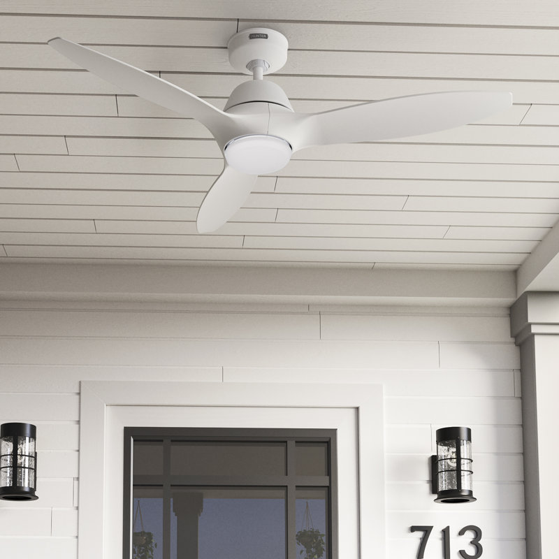 Hunter 52 inch ENERGY STAR® Damp Rated Ceiling Fan with LED Light Kit and Handheld Remote, White, Matte White