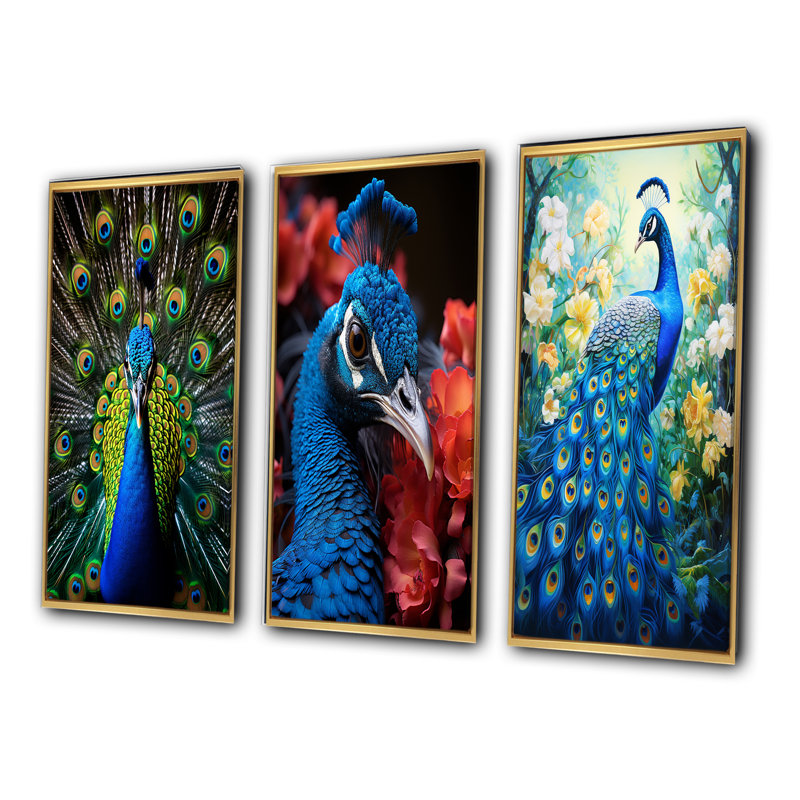 «Teal Radiant Peacock», 3 pièces sur toile, Cadre flottant doré, H 20 po x l 36 po