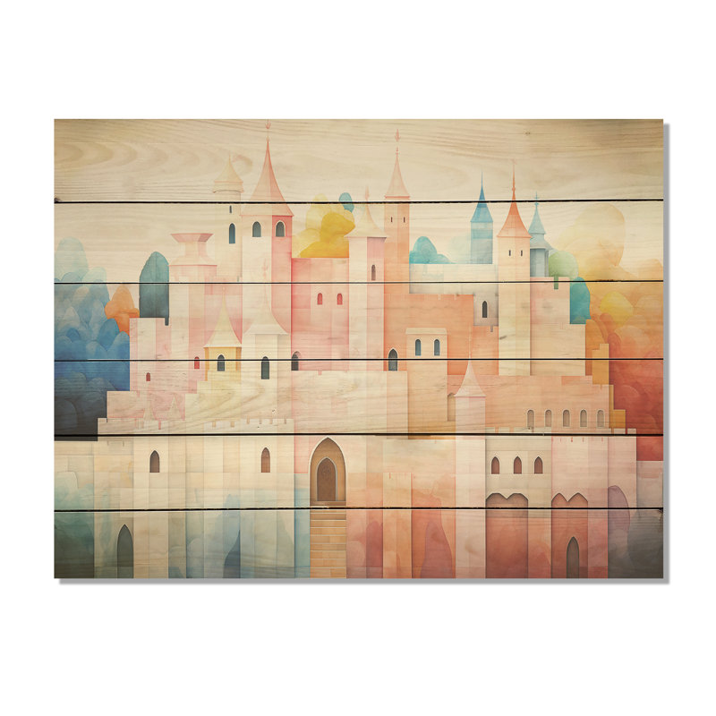 «Bold Pink Pastel Castle - Châteaux», art mural sur bois de pin naturel, H 30 po x l 40 po