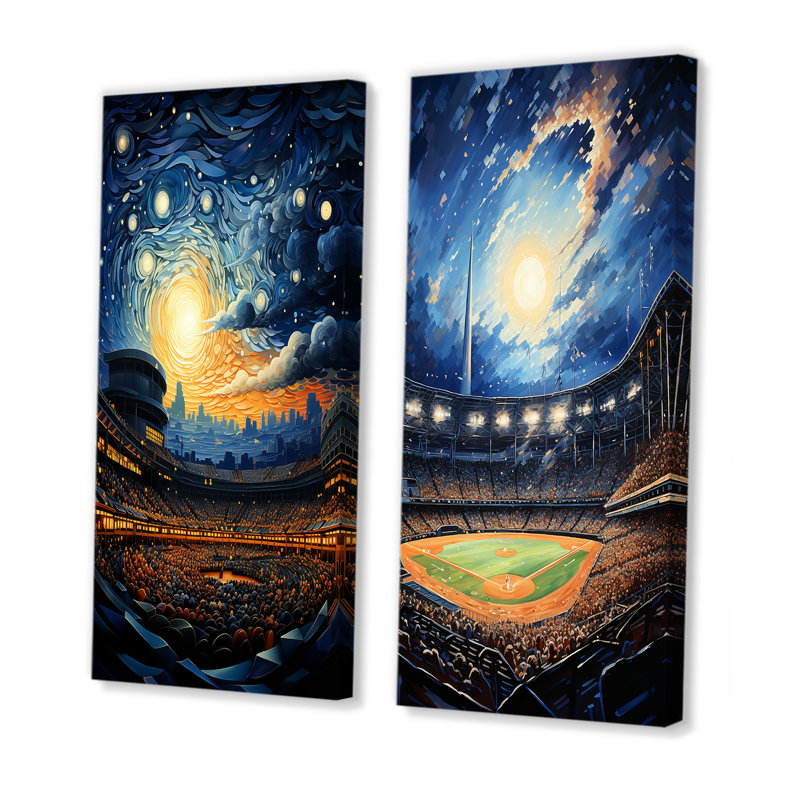 «Modern Baseball Stadium At Night», 2 pièces, Toile tendue, H 32 po x l 32 po