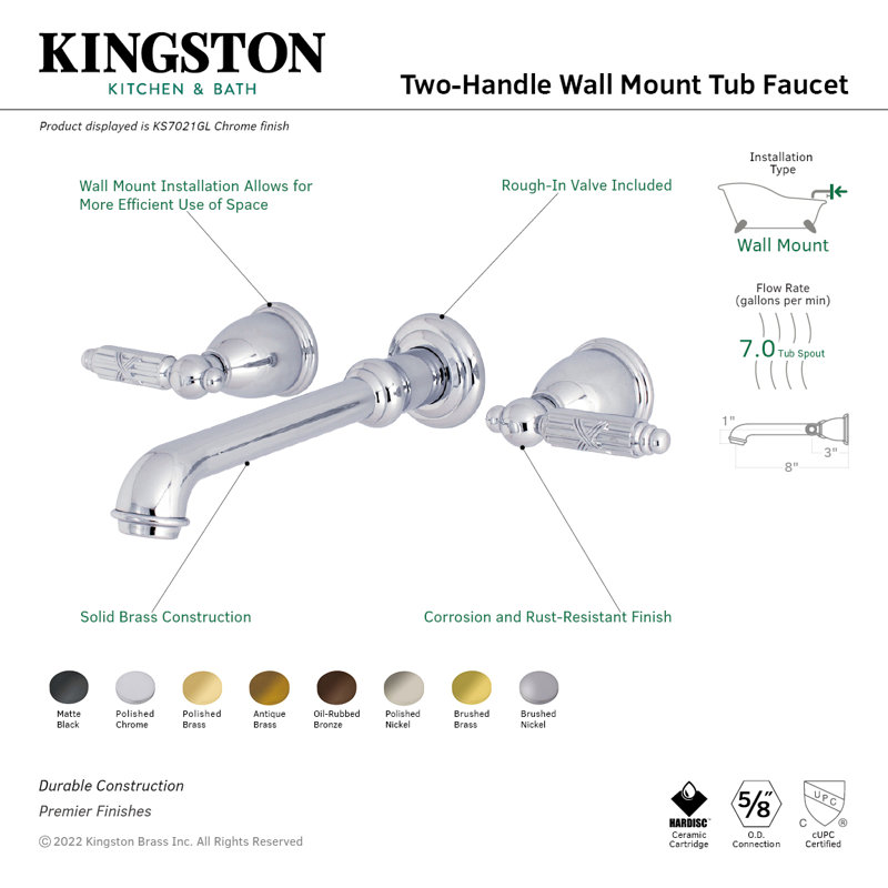 Kingston Brass Georgian Two-Handle 3-Hole Wall Mount Roman Tub Faucet, Polished Chrome
