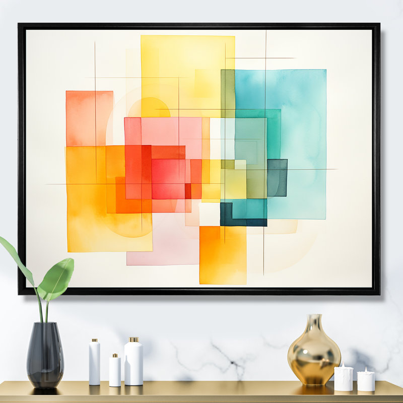 Motif de cubes multicolores I - art mural géométrique, H 16 po x l 32 po x P 1 po, Cadre flottant noir