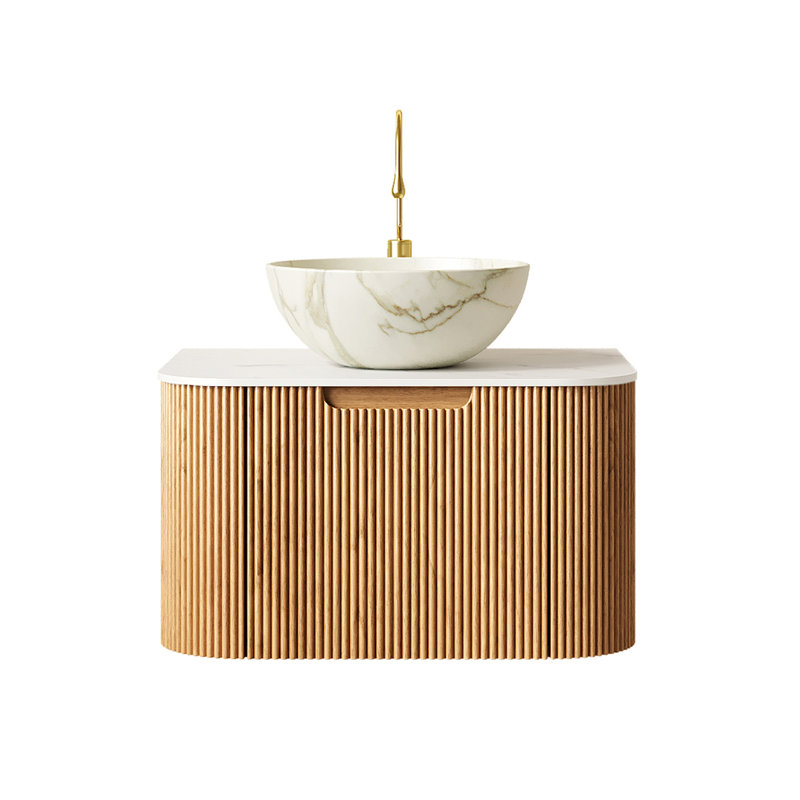 Meuble-lavabo pour salle de bain, meuble de rangement rayé à bords arrondis avec tiroir, cuve en céramique blanc mat et plateau en pierre frittée blanc de Carrare, pré-assemblé