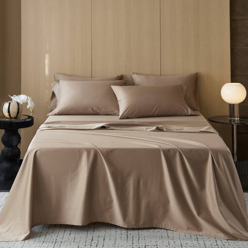 Ensemble de draps 100% coton satiné MooMee, Ensemble de draps pour très grand lit avec 2 taie, Brun moka