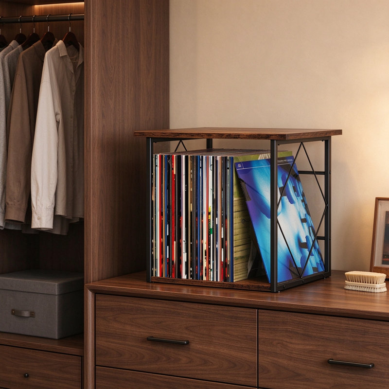 Organisateur de caisses de présentation pour disques vinyles avec plateau en bois et cadre en métal