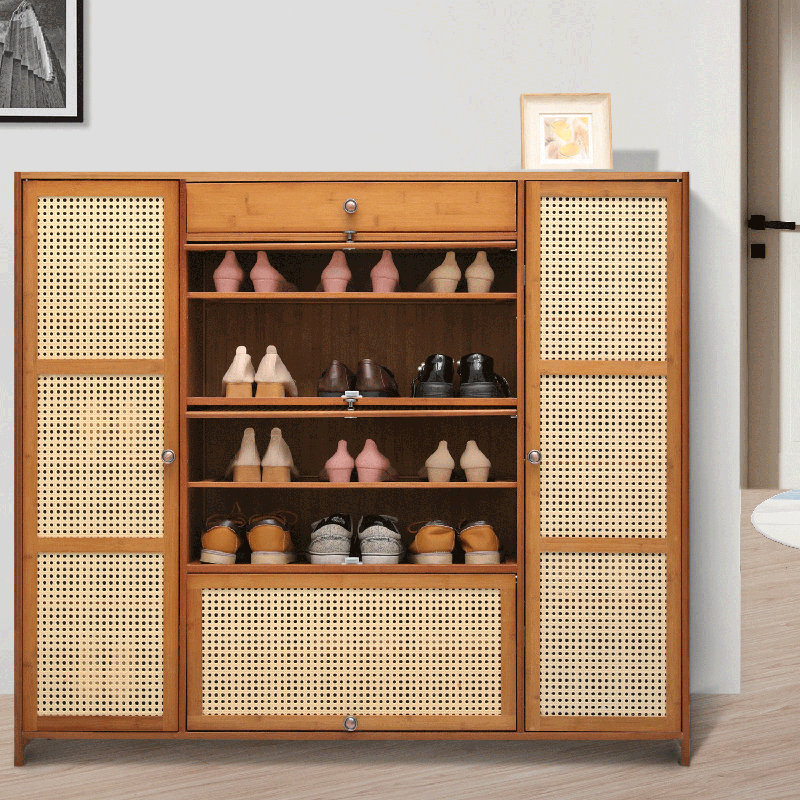 Armoire à chaussures en rotin à 6 niveaux avec tiroir de rangement pour 32 paires et 8 compartiments à bottes