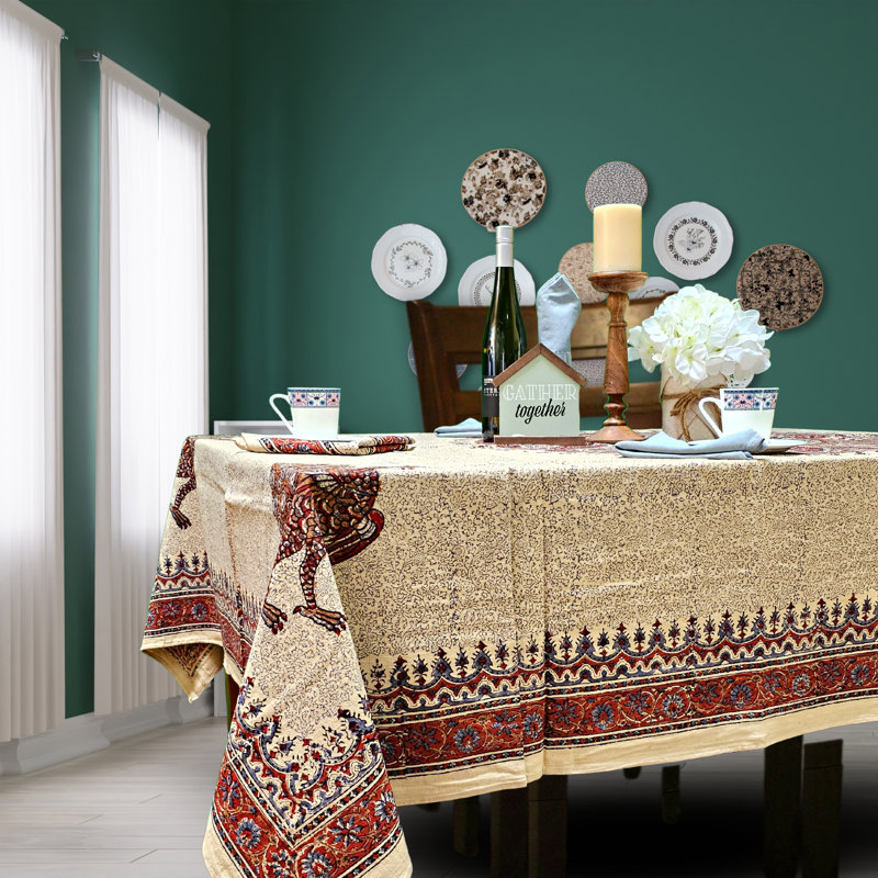 Grigsby Block Print Peacock Paisley Cotton Tablecloth, 90" x 60" Rectangle