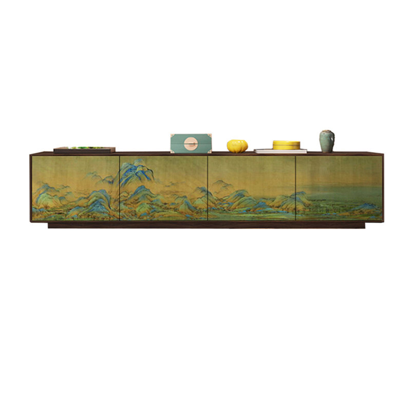Meuble télé en bois de pin naturel, Brun/vert, 86.61"
