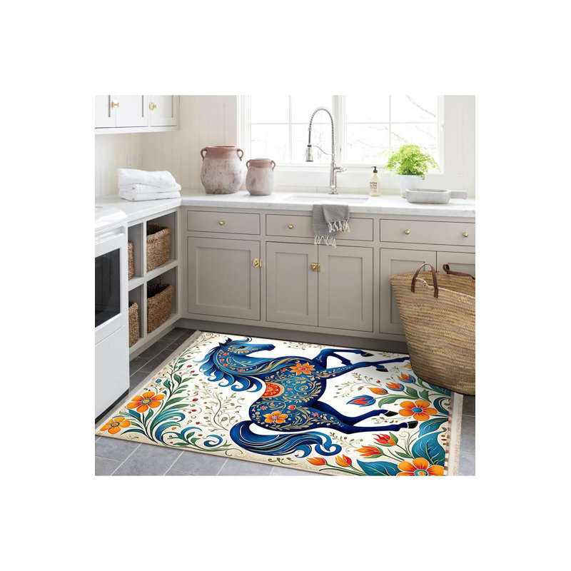 Tapis ivoire et fleur à motif tissé bleu, Tapis de couloir 2 pi 6 po x 6 pi 7 po inclus