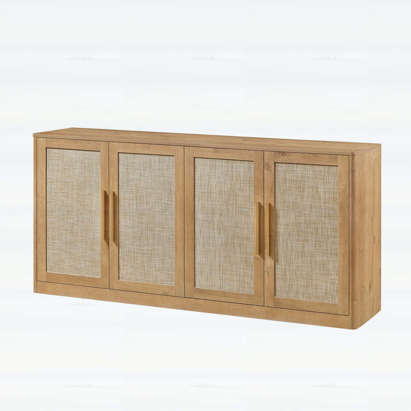 Buffet 67 portes en rotin à 4 portes 67 po, buffet Boho avec rangement spacieux pour le salon et le couloir, finition chêne caramel