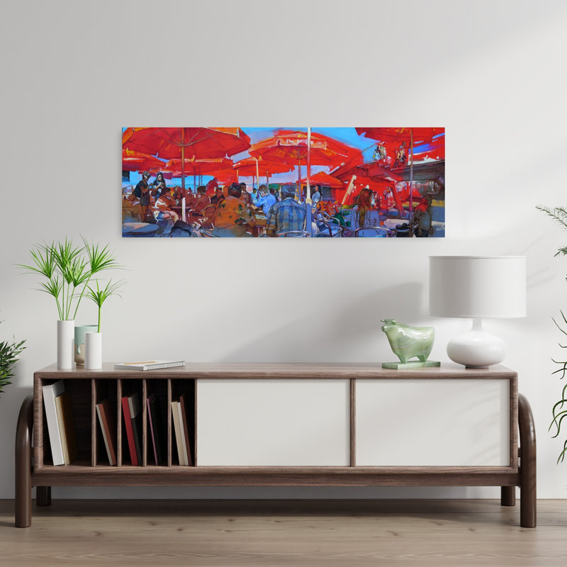 «Red Umbrellas Cafe», art mural contemporain, H 36 po x l 12 po
