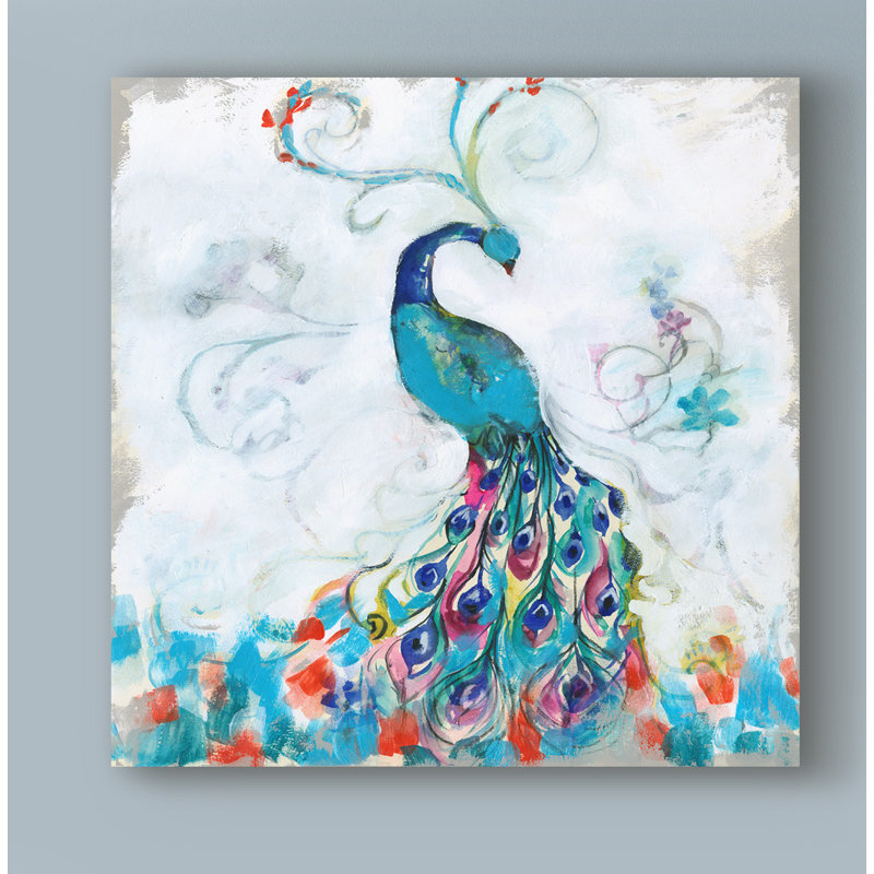 « confettis peacock i », reproduction de peinture à l’acrylique sur toile tendue, H 18 po x l 18 po x P 2 po