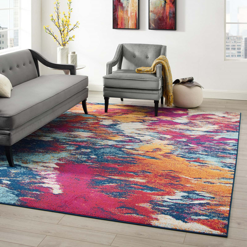 8' x 10' Blue and Orange Abstract Synthetic Area Rug