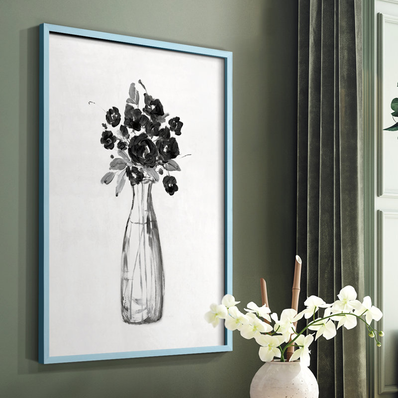 Impression encadrée florale noire et blanche II - bois massif, Bleu, H 10 po x l 8 po