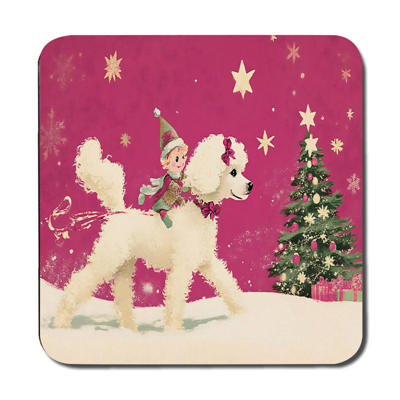Christmas Themed Placemat and Coaster Set With White Fluffy Dog and Child Scene