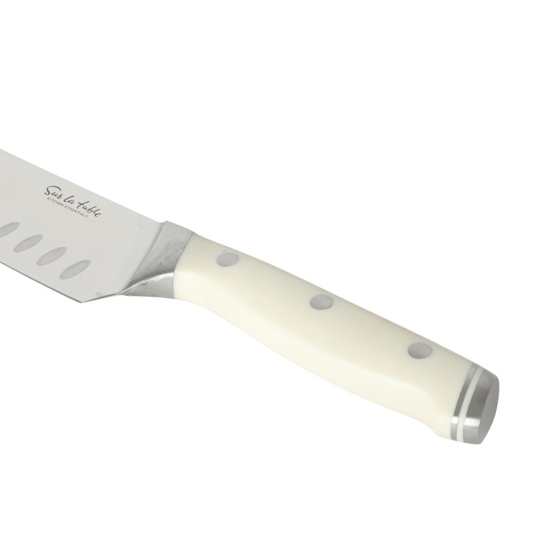Sur La Table Kitchen Essentials 14 Piece Cutlery Set, German Steel Forged Knives, Beech Wood Block, Chef, Santoku, Bread, Steak Knives, Shears & Sharpener - Linen White