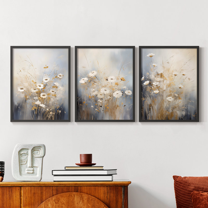 Étude florale série Cxx - ensemble de 3 estampes giclées encadrées - prêt à, Noir, noir, noir, noir, H 14 po x l 11 po