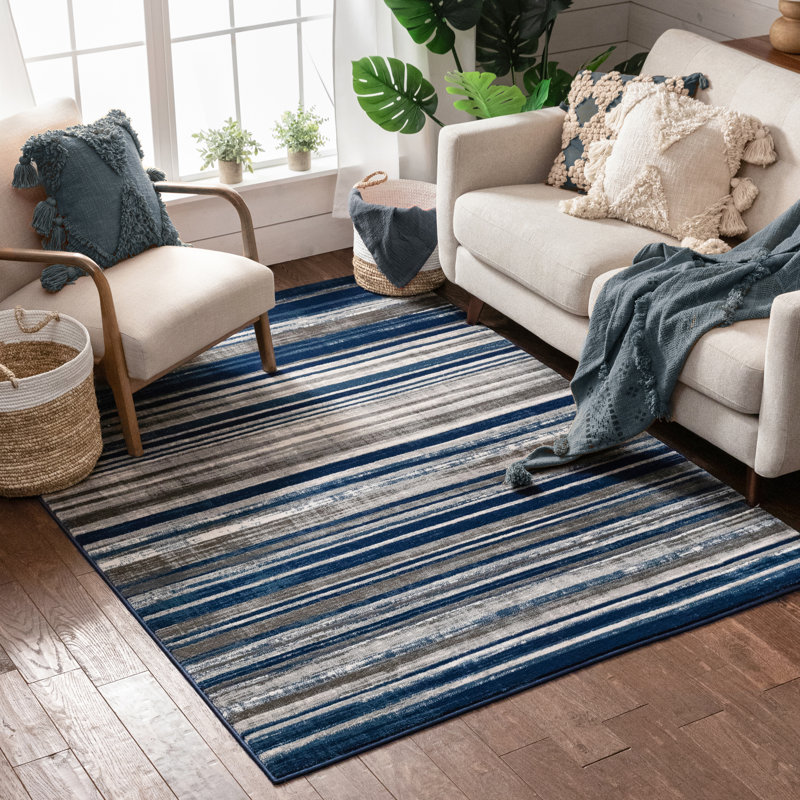 Blue and Beige Striped Synthetic Area Rug, 4' x 5'
