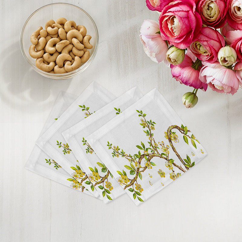 Cherry Blossom Cotton Sateen Cocktail Napkins, Yellow