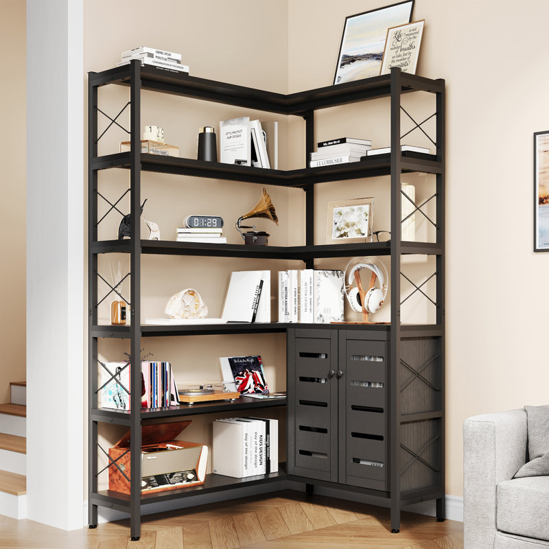 Black Wood Industrial Corner Bookshelf with Storage Cabinet