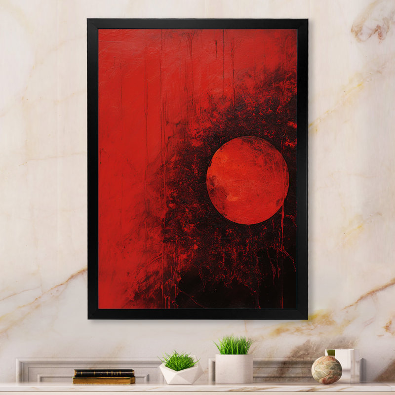 Lune rouge, sphère écarlate, Cadre simple noir, H 40 po x l 30 po x P 1,5 po