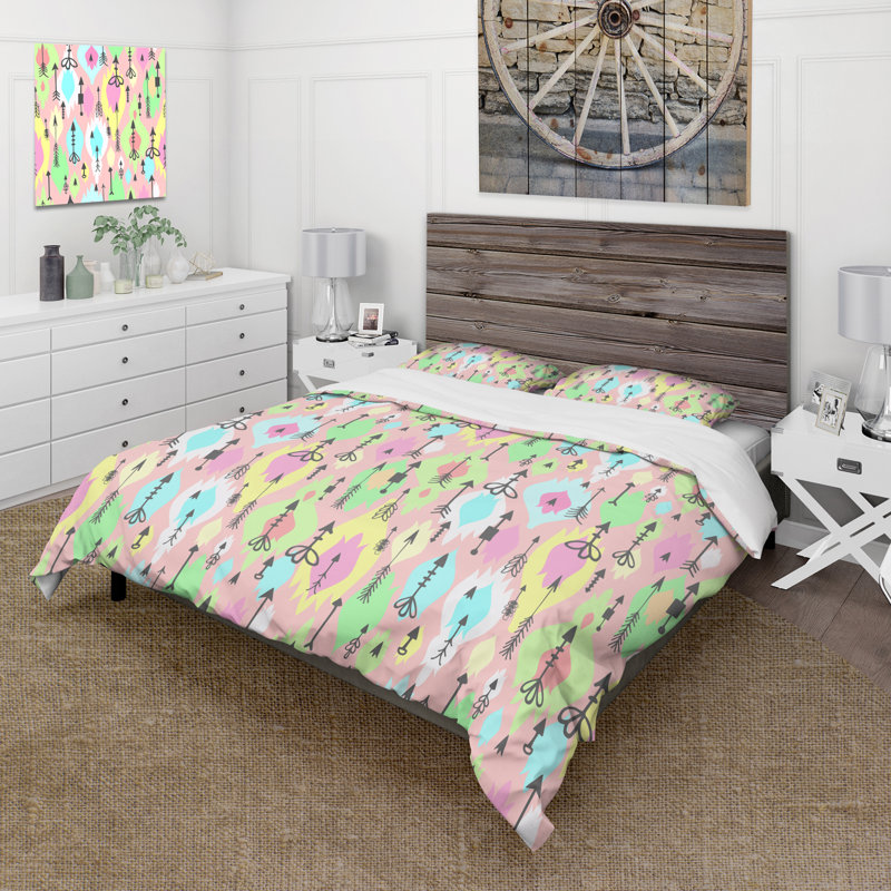 Ensemble de housse de couette bohémien Tribal Arrows On - bleu, vert et rose - microfibre de polyester