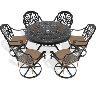 6 chaises en aluminium coulé pour l'extérieur - 6 chaises pivotantes, table ronde de 48,03 po, revêtement noir laqué 6 saisons