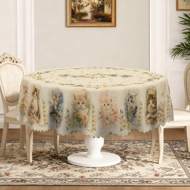 Nappe sur le thème des chats, style frais, avec petites marguerites et motifs de chats, nappe ronde lavable à la machine, idéale pour les repas à l'intérieur et les réunions de famille