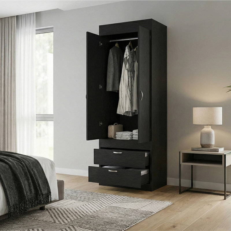 Armoire compacte à 2 portes et 2 tiroirs Lisboa, option de rangement pour chambre à coucher autoportante, Noir