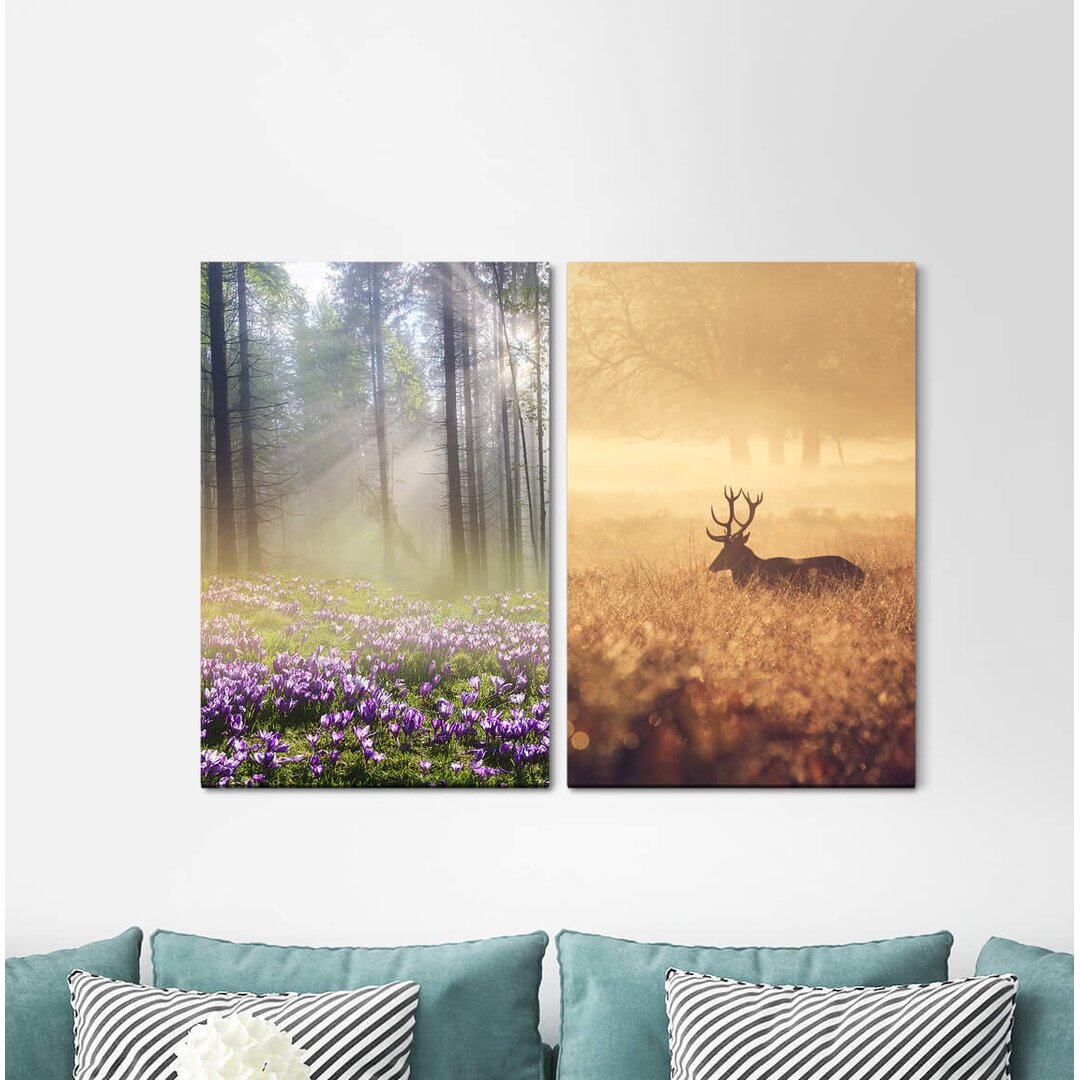 2-tlg. Leinwandbilder-Set - Fotografie „Forest Flowers Deer Hein Morning Dew Calming Silence”