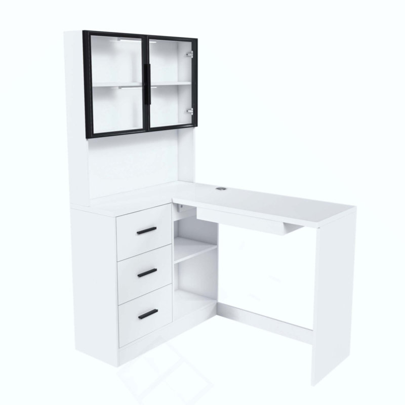 Bureau d'ordinateur avec armoires en verre avec lumières DEL intégrées, bureau de coin en L avec ports de chargement USB, plateau à clavier, conception ergonomique pour les espaces de travail à domicile et en entreprise