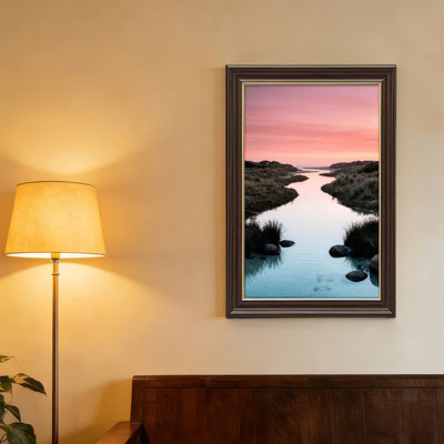 Art mural antique sur toile encadré doré pour le salon, la chambre à coucher, le bureau ou le vestibule - Décoration murale décorative avec rivière Sunset