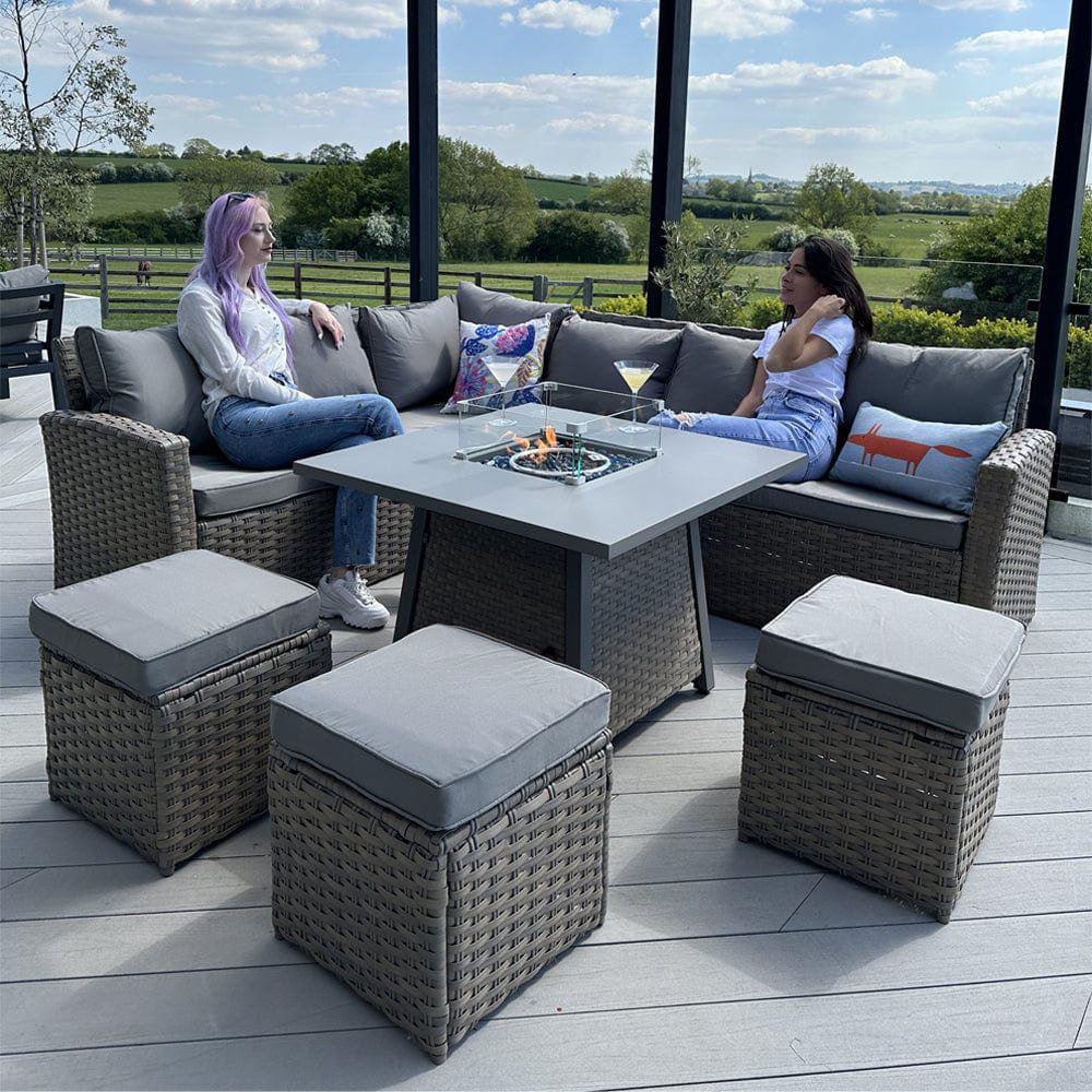 Rosen 9 Seater Corner Sofa Set With Square Fire-pit Dining Table With 3 Stoos &rain Cover