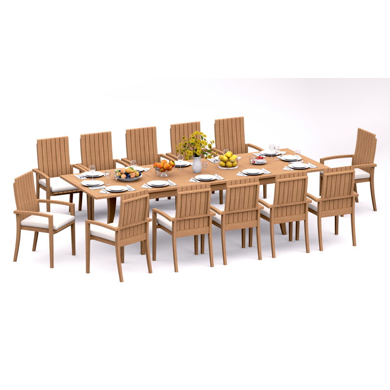 9 Pcs Grade-A Teak Wood Dining Set: 122" Atnas Double Extension Rectangle Table And 8 Goa Stackng Arm Chairs #11GO2808, 12