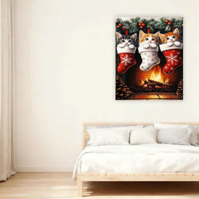Adorables chats en bas de Noël, art mural sur toile 24 "x 36"