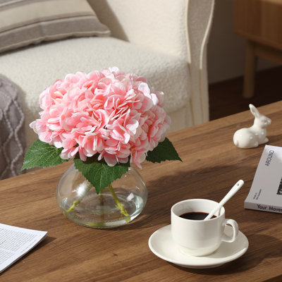 Artificial Silk Hydrangea Flowers with Glass Vase and Fake Water, Realistic Faux Hydrangea Arrangement for Home Table, Wedding Party, Office and Cafe Decoration