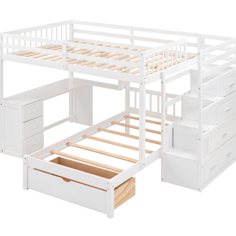 Lit superposé double au-dessus de simple avec tiroirs et tablettes en blanc