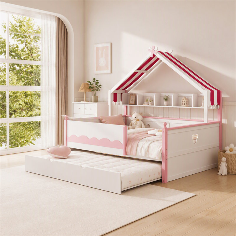 Lit de jour simple en forme de maison avec bibliothèque intégrée, Double, Rose