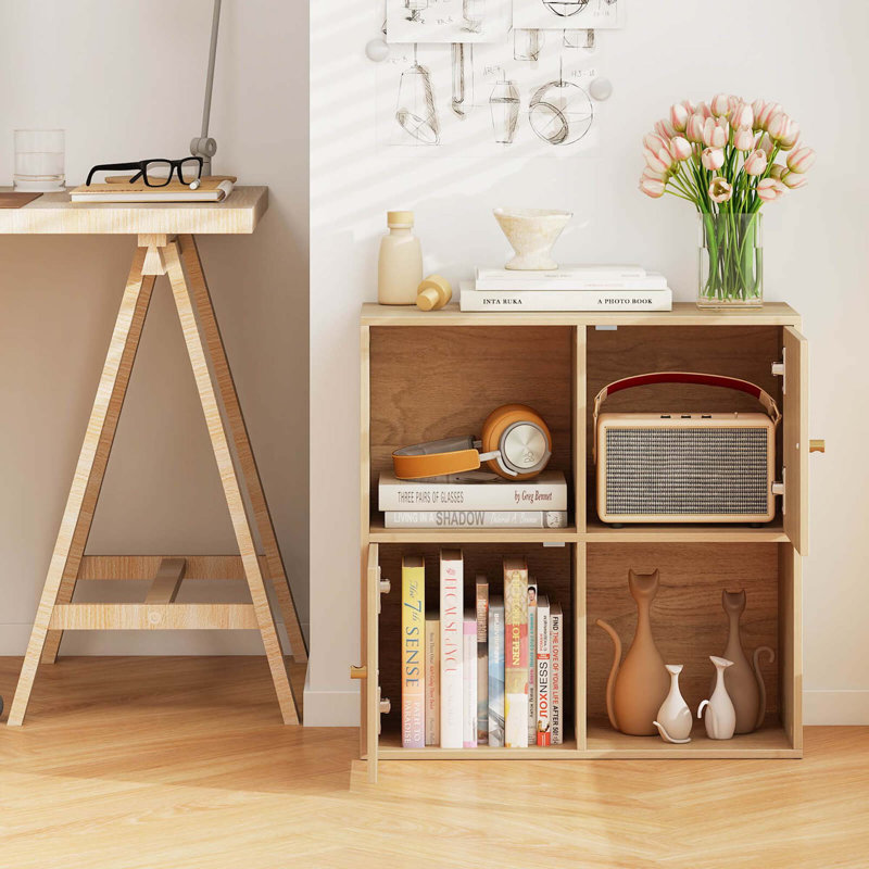 4-cube Bookcase With Dual Anti-tipping Kits & 2 Cabinets Storage Organizer, Natural