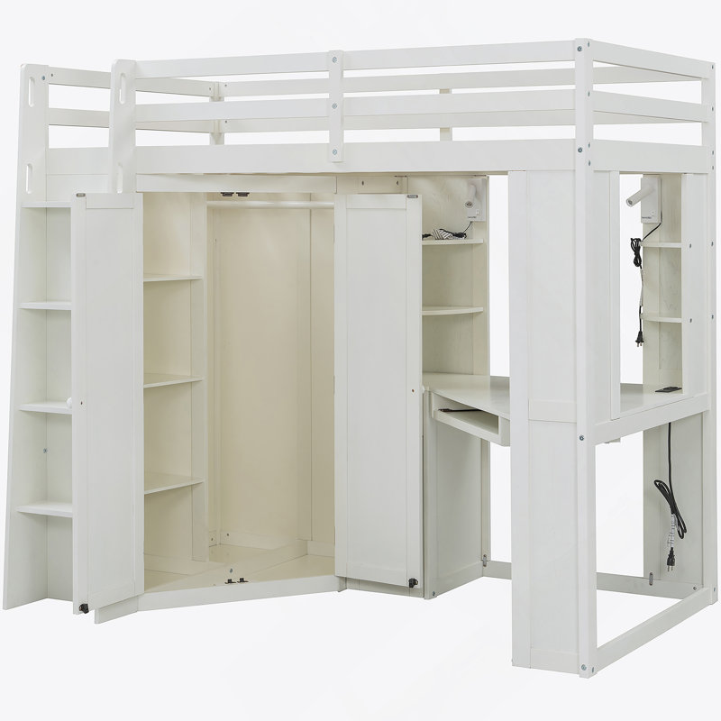 Twin Size Loft Bed With Integrated Large Wardrobe And Desk, All-In-One Space-Saving High Bed With Pull-Out Keyboard Tray, Charging Station And Dual Metal Spotlights-Beige White