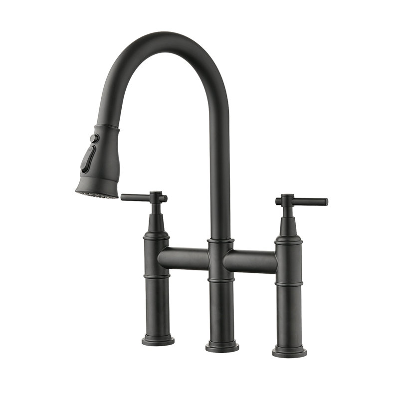 Robinet de cuisine pont à deux poignées avec douchette extractible, Noir mat