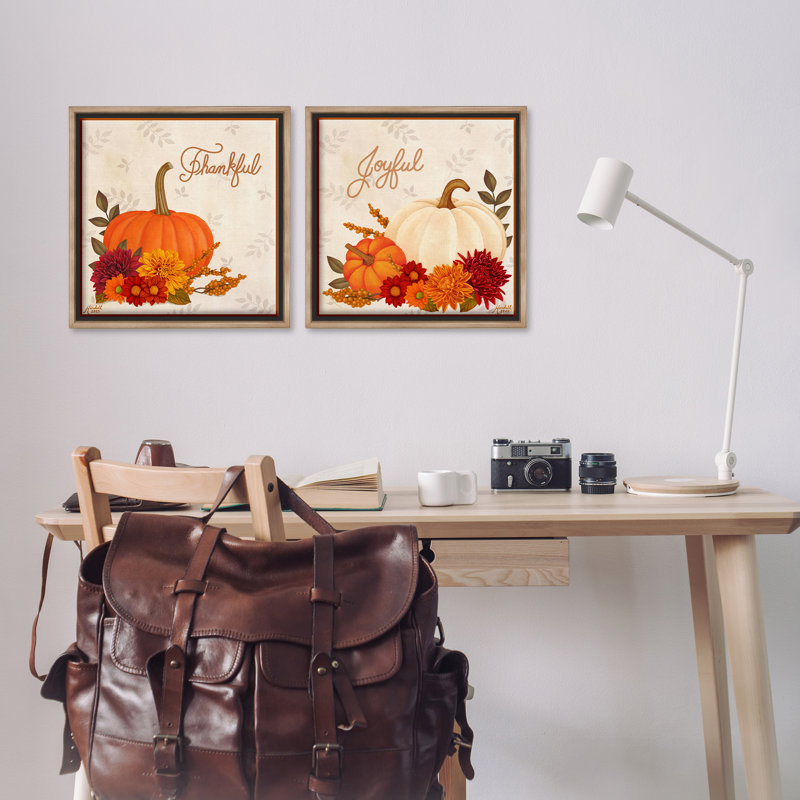 «Joyful Thankful Sentiment Pumpkin», ensemble de 2 toiles par Mardell Schuster, Cadre flottant orme Montalcino