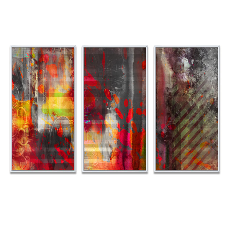 «Red Decorative Design», ensemble de 3 toiles abstraites encadrées, Blanc, H 32 po x l 48 po