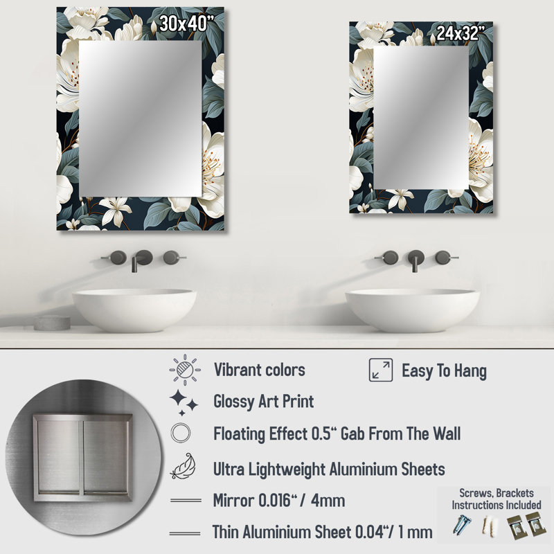 Delrita Grey And White Blossoms Orchid Lovely - Floral Decorative Mirror, Floral Large Wall Mirror, Printed Metal Art