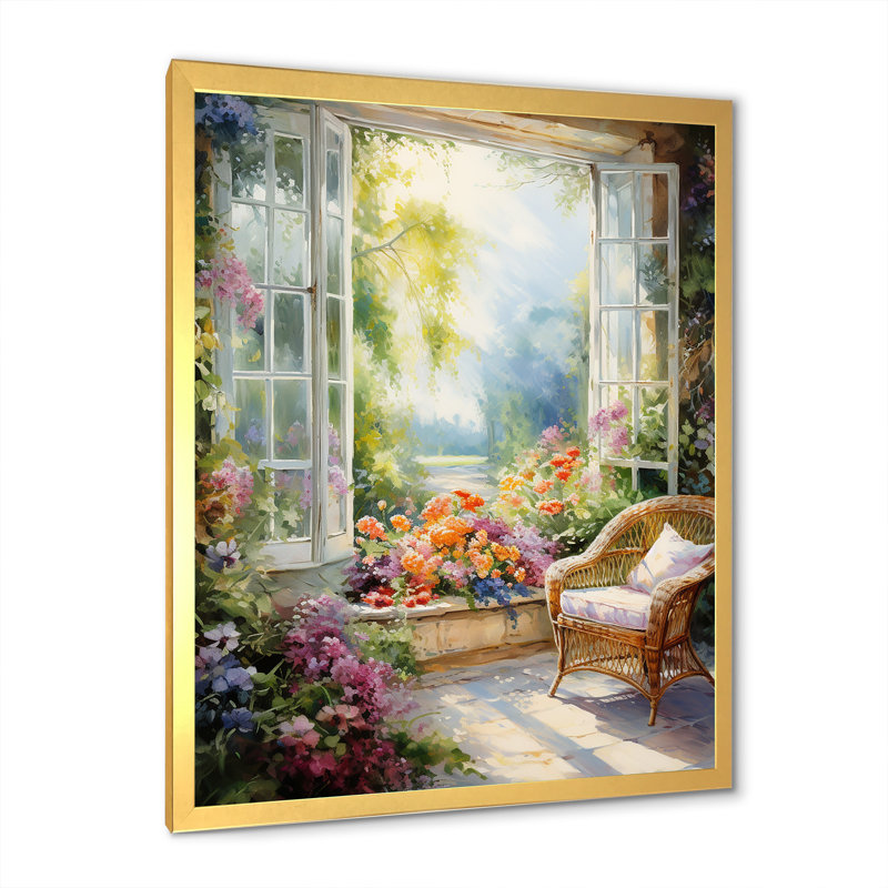 Orange et vert, fenêtre française vue III - fenêtre, art mural sur toile, Cadre doré simple, H 44 po x l 34 po x P 1,5 po