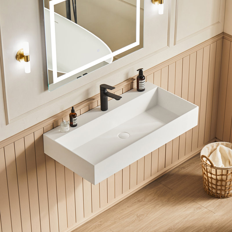 Cpingao 30" Wall Mounted Bathroom Sink Solid Surface Vessel Sink with Faucet Hole