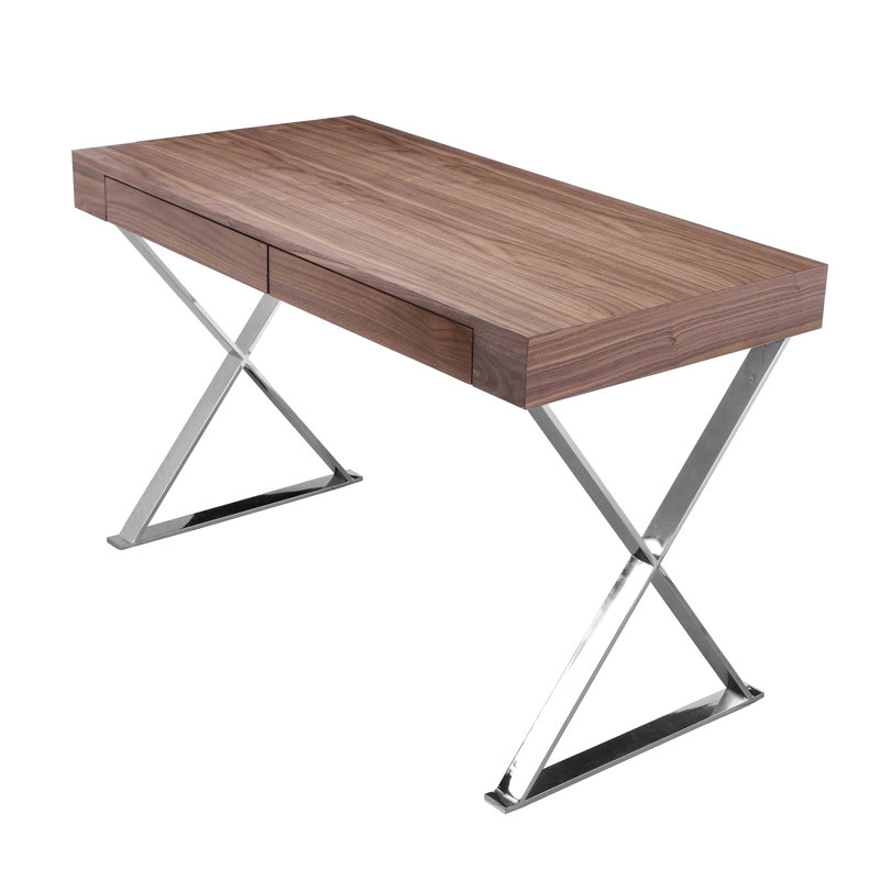 Alexa Contemporary Walnut Wood top Writing Desk with Polished Steel/Metal X-Base and 2 Storage Drawers, Walnut/Silver