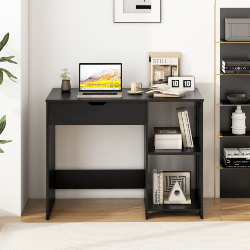 Space Saving Computer Desk With Hidden Compartment And Open Storage Shelves