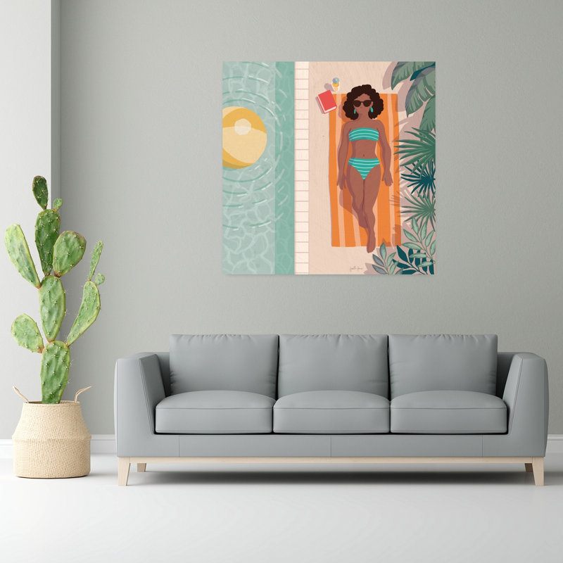 Beach Babes III, art abstrait de palmiers sur la plage, 48" H x 48" W