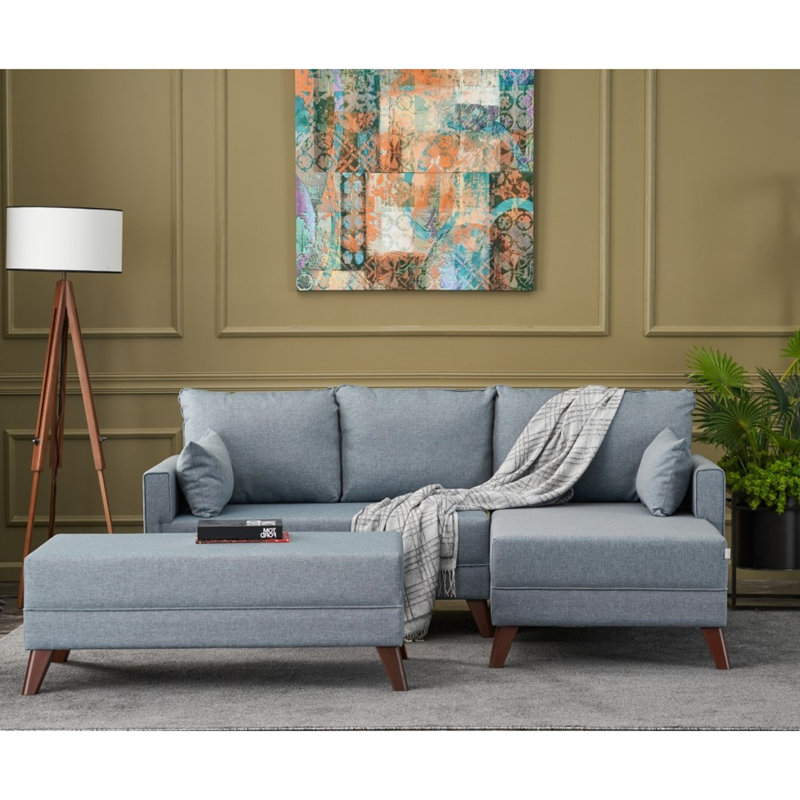 Modern Corner Sofa-Bed, Solid Blue, 80.7 x 33.5 x 55.1 inches | FIR Tree Frame, 100% Polyester Fabric, Easy Clean | Includes Pouffe (45.3 x 25.6 x 16.9 inches) | 28 DNS Foam for Comfort, Scandinavian Design